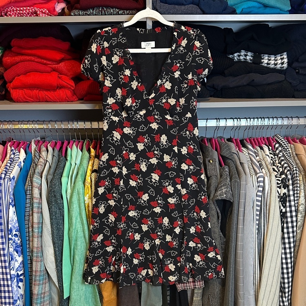 Loft black/red/taupe floral short sleeve v neck lined dress size 2